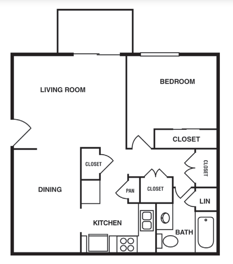 Floor plan for 1 bed, 1 bath, 676 sqft
